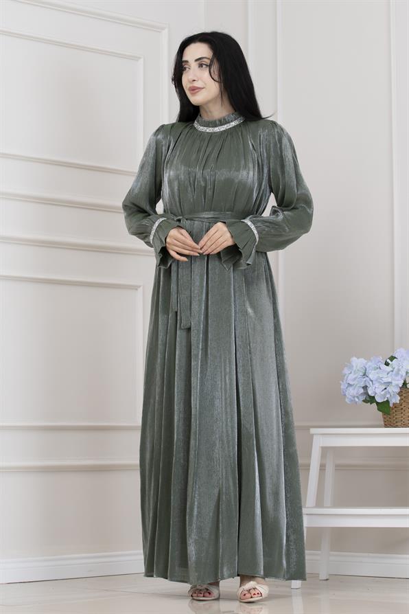 Simli Taşlı Abiye Elbise-MİNT YEŞİLİ