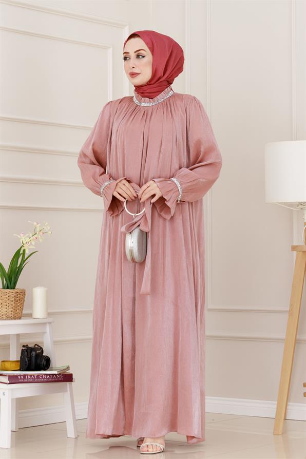 فستان سهرة بأحجار لامعة - وردي اللون