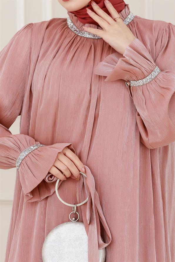 فستان سهرة بأحجار لامعة - وردي اللون