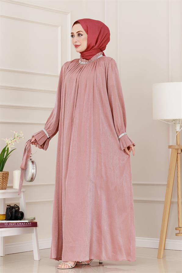 فستان سهرة بأحجار لامعة - وردي اللون