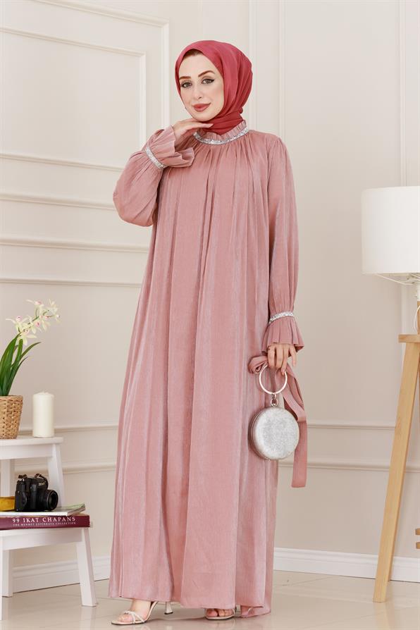 فستان سهرة بأحجار لامعة - وردي اللون