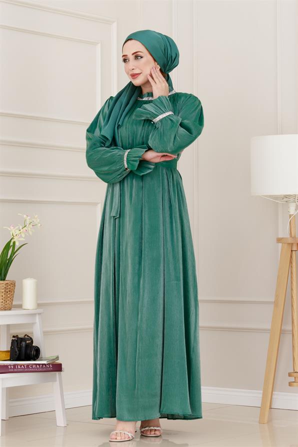 فستان سهرة بأحجار لامعة - أخضراللون