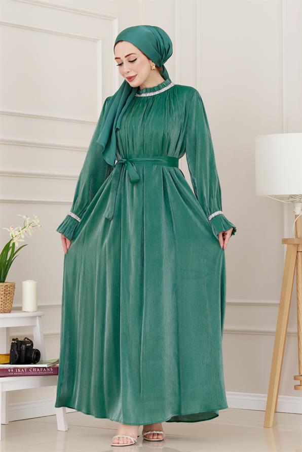 فستان سهرة بأحجار لامعة - أخضراللون