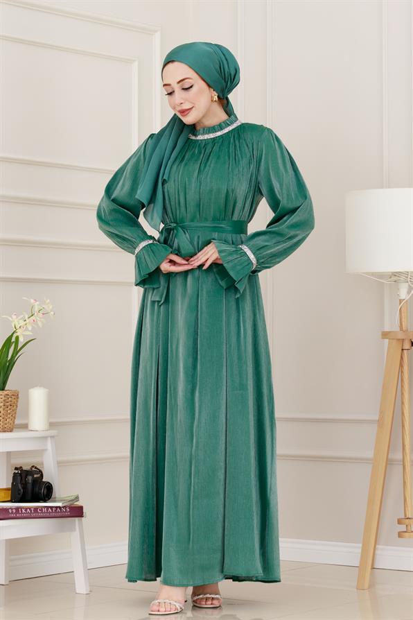 فستان سهرة بأحجار لامعة - أخضراللون