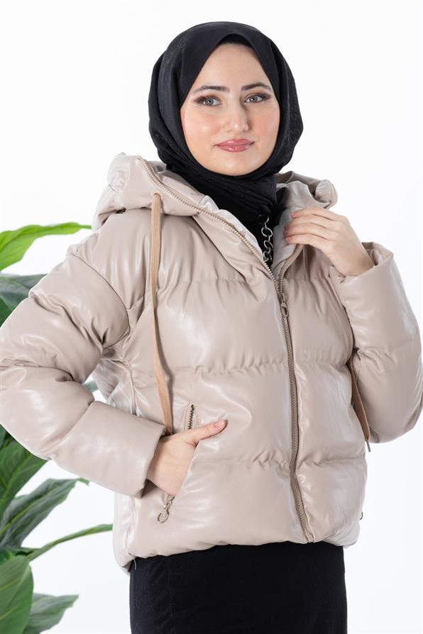 Puffer Leather Coat - Beige