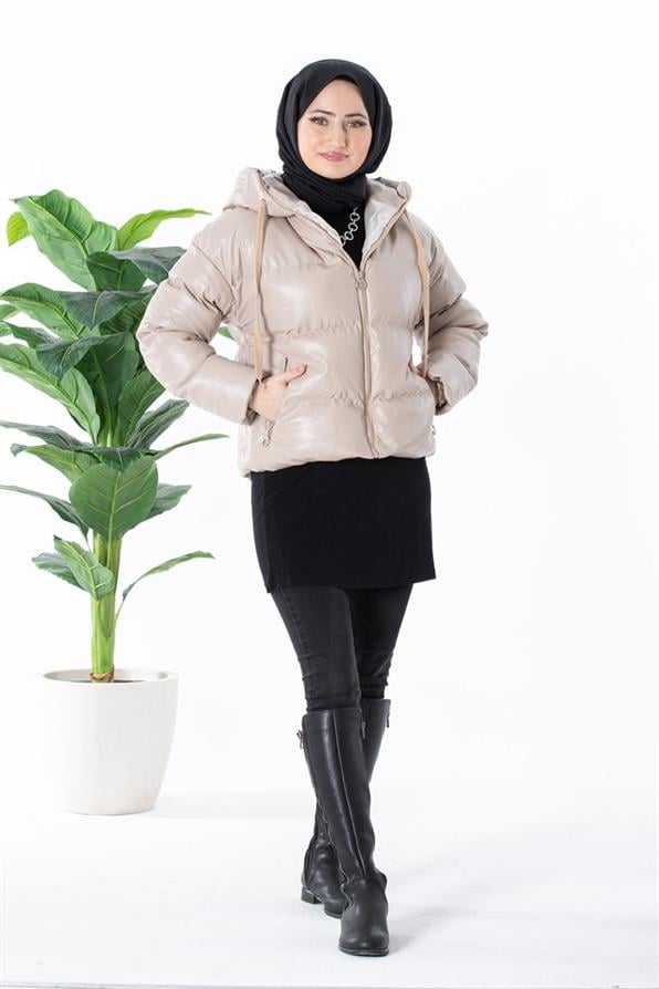 Puffer Leather Coat - Beige
