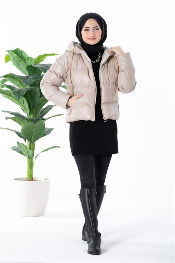 Puffer Leather Coat - Beige