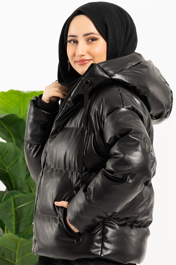 Puffer Leather Coat - Black
