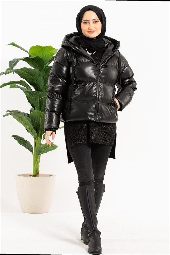 Puffer Leather Coat - Black