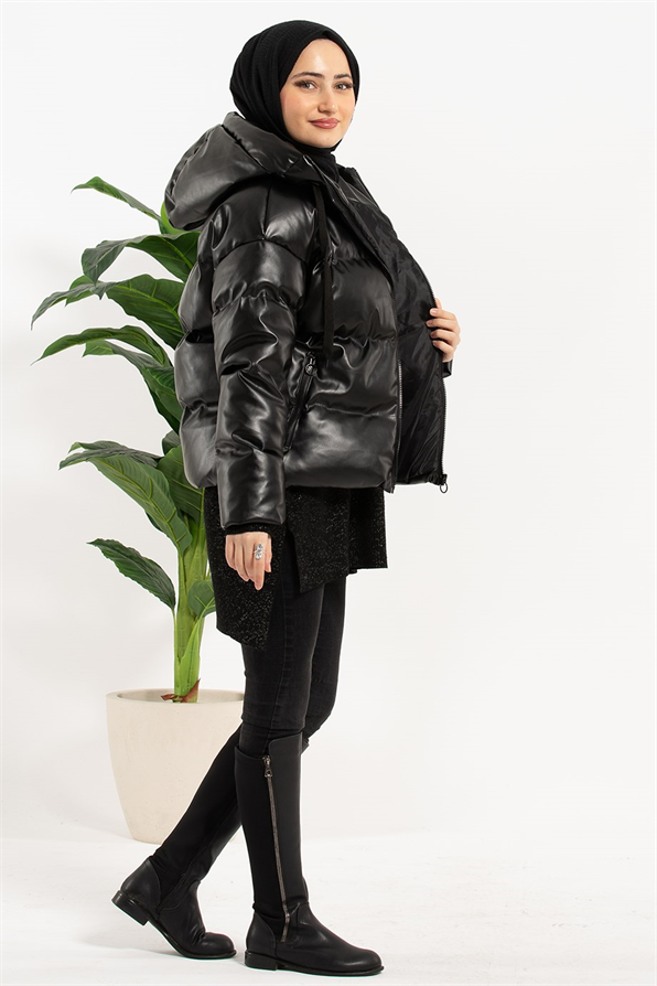 Puffer Leather Coat - Black