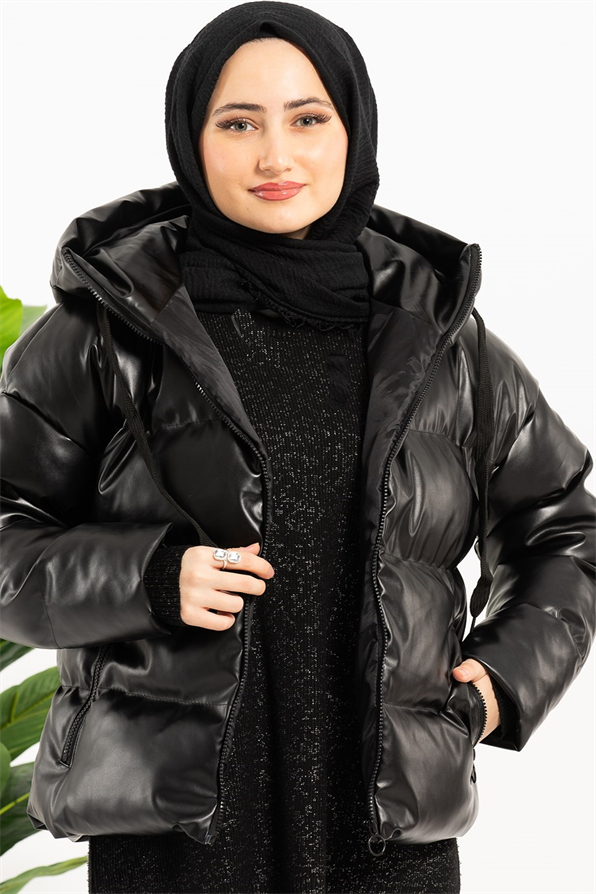 Puffer Leather Coat - Black