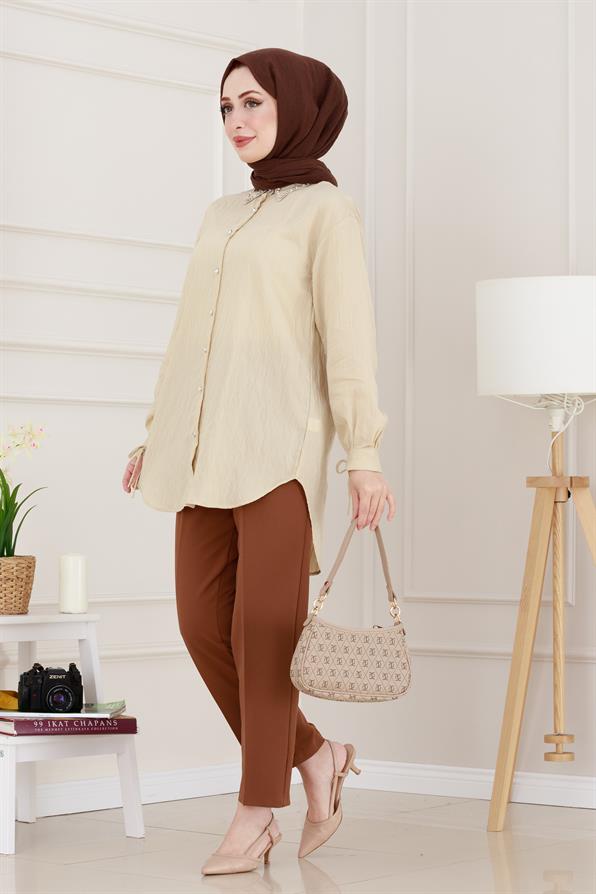 Taş Detaylı Hilal Tunik-Bej