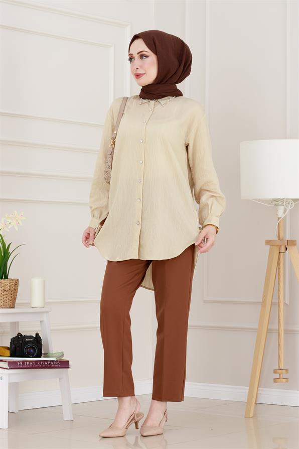 Taş Detaylı Hilal Tunik-Bej