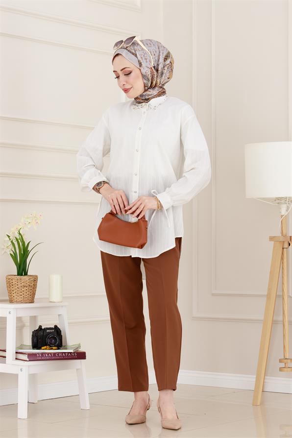 Taş Detaylı Hilal Tunik-Beyaz