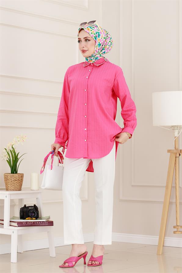 Taş Detaylı Hilal Tunik-Fuşya