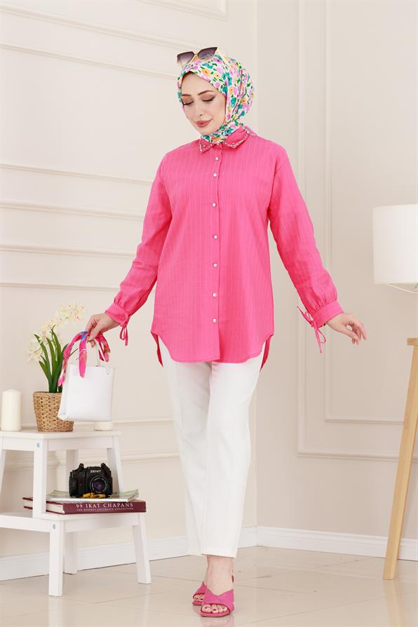 Taş Detaylı Hilal Tunik-Fuşya