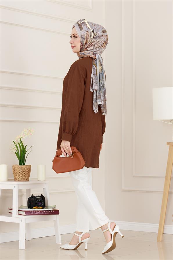 Taş Detaylı Hilal Tunik-Kahverengi
