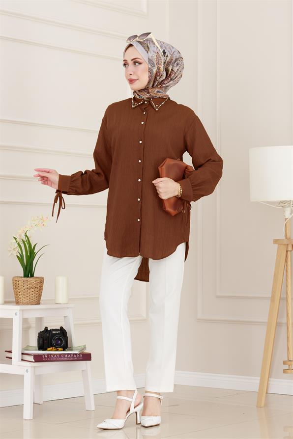 Taş Detaylı Hilal Tunik-Kahverengi