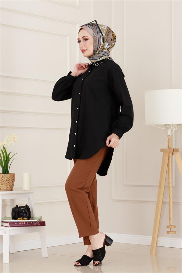 Taş Detaylı Hilal Tunik-Siyah