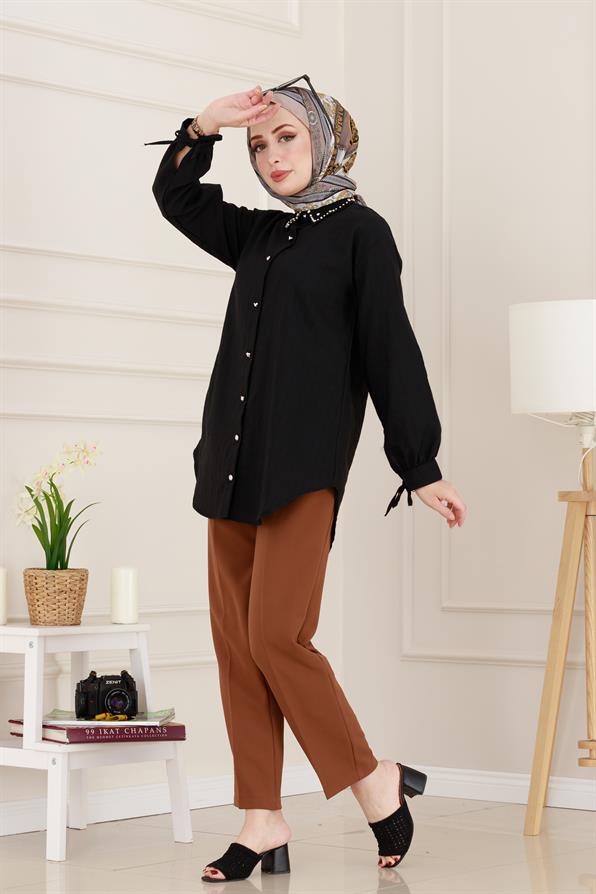 Taş Detaylı Hilal Tunik-Siyah