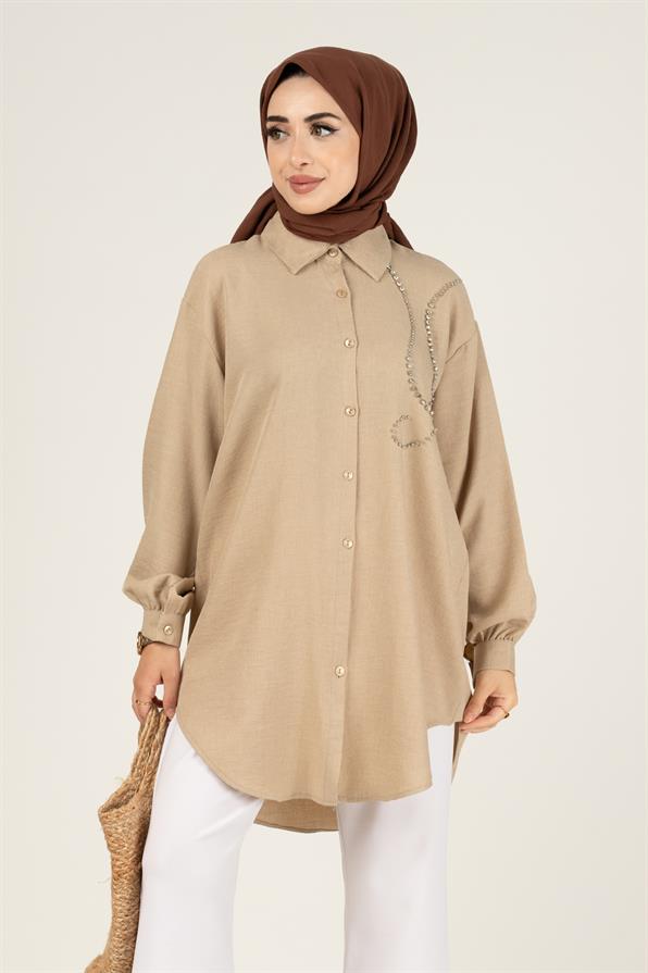 Taş Detaylı Tunik-Bej