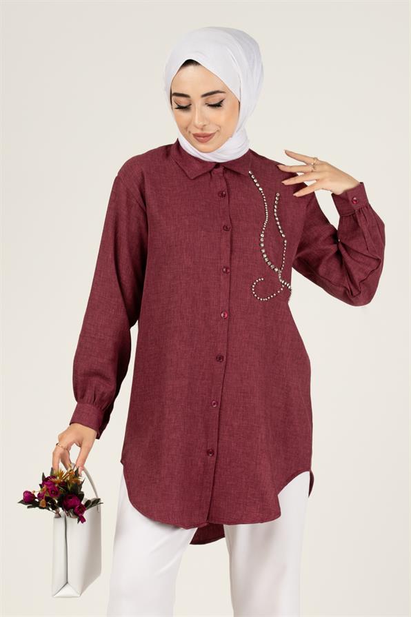 Taş Detaylı Tunik-Mürdüm