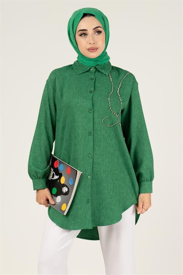 Stone Embellished Tunic-Emerald Green