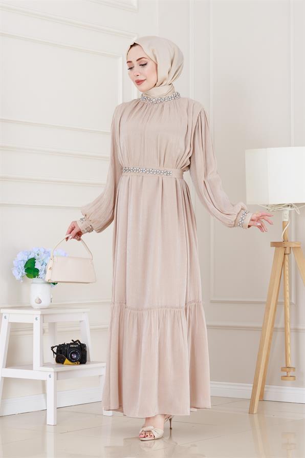 Taş İşlemeli Simay Abiye-Bej