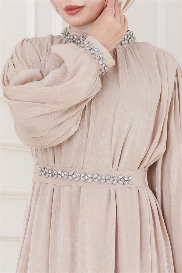 Taş İşlemeli Simay Abiye-Bej