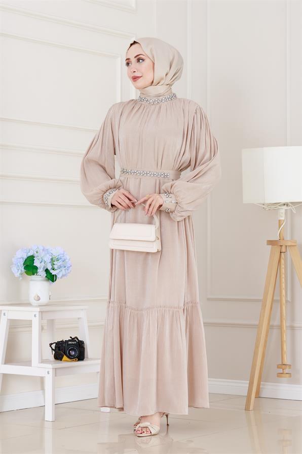 Taş İşlemeli Simay Abiye-Bej