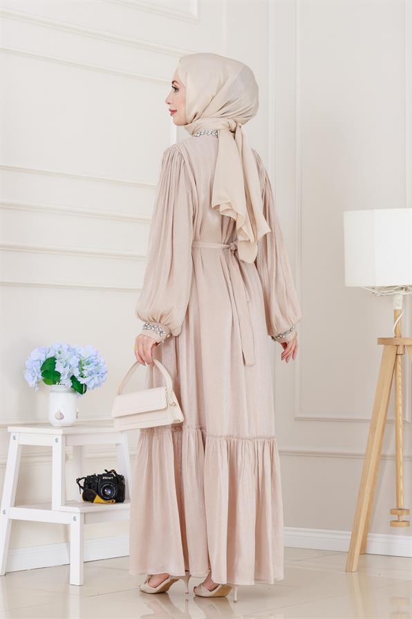 Taş İşlemeli Simay Abiye-Bej