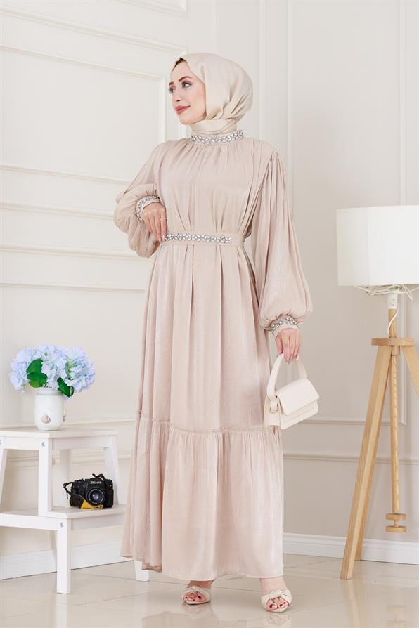 Taş İşlemeli Simay Abiye-Bej