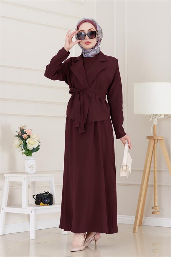 Tensel Yelekli Asel Elbise-Bordo