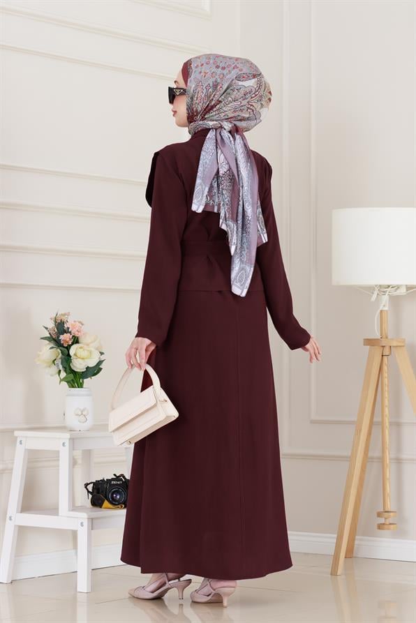 Tensel Yelekli Asel Elbise-Bordo