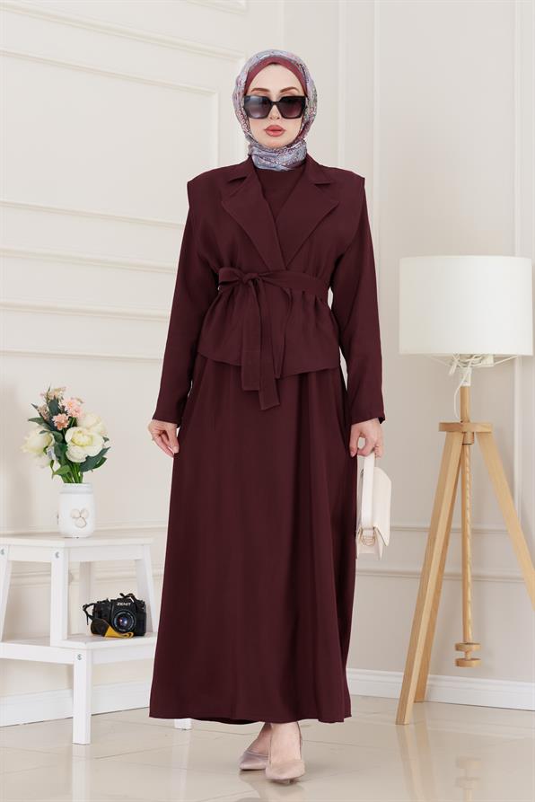 Tensel Yelekli Asel Elbise-Bordo