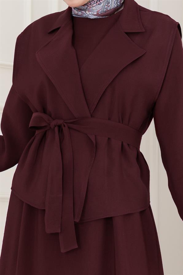 Tensel Yelekli Asel Elbise-Bordo