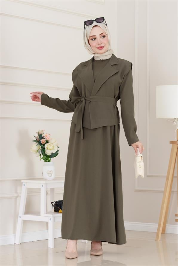 Tensel Yelekli Asel Elbise-Haki