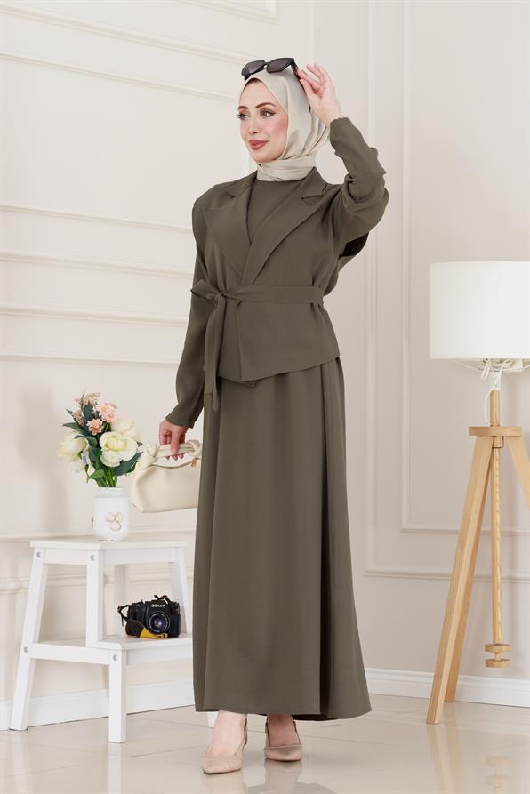 Tensel Yelekli Asel Elbise-Haki