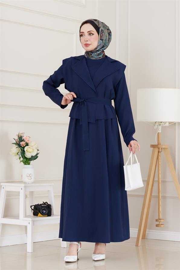 Tensel Yelekli Asel Elbise-Lacivert