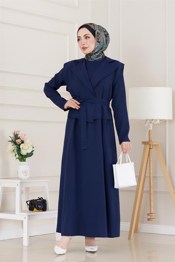 Tensel Yelekli Asel Elbise-Lacivert