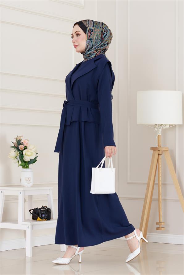 Tensel Yelekli Asel Elbise-Lacivert