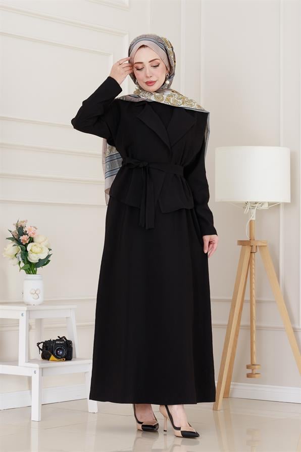 Tensel Yelekli Asel Elbise-Siyah