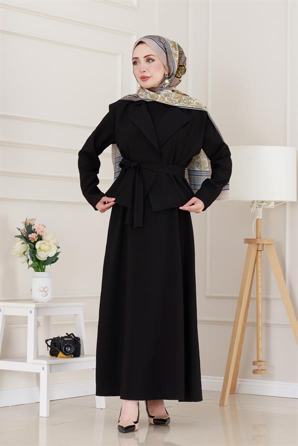 Tensel Yelekli Asel Elbise-Siyah