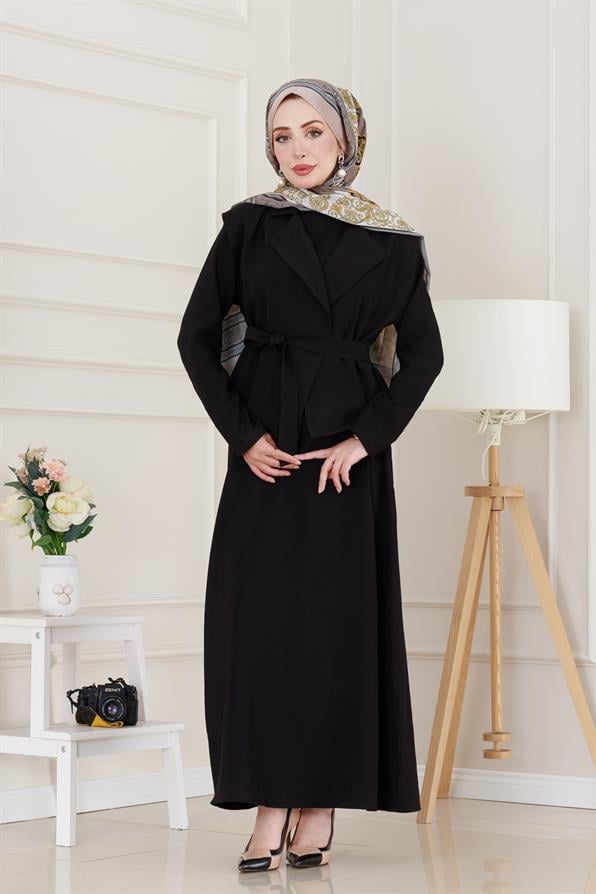 Tensel Yelekli Asel Elbise-Siyah