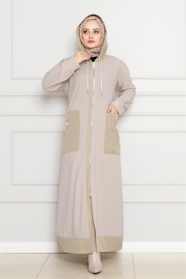 معطف بغطاء للرأس - بيج اللون 