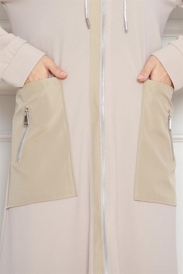 معطف بغطاء للرأس - بيج اللون 