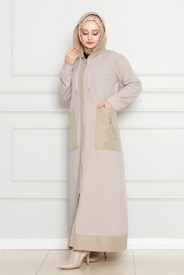معطف بغطاء للرأس - بيج اللون 