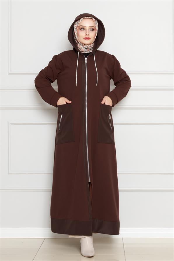 معطف بغطاء للرأس - بني اللون 
