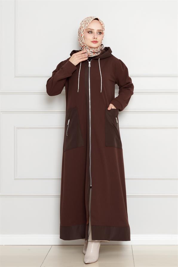 معطف بغطاء للرأس - بني اللون 