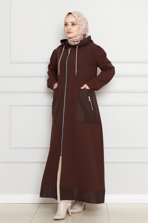 معطف بغطاء للرأس - بني اللون 